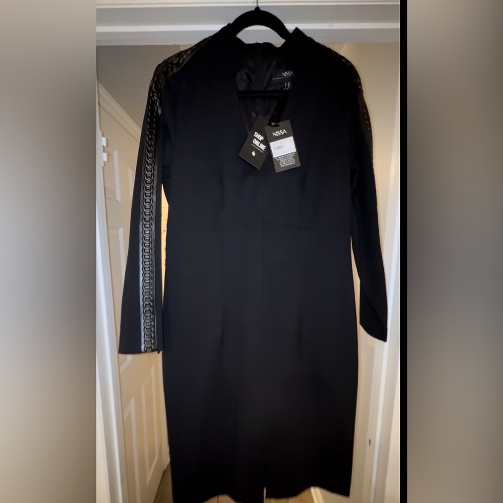 NWT- Nissa Black Cocktail dress with natural leather trim- dress size 16US